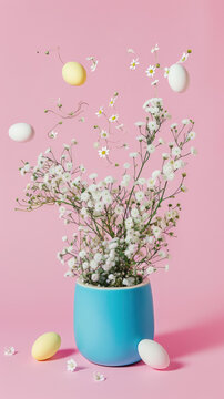ordinary eggs fall into a colorful pot with white tufts full of paint through the air against pastel pink background