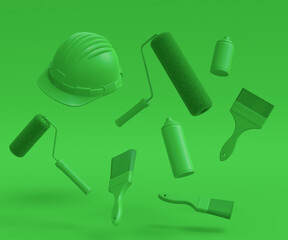 Set of helmet, spray with paint rollers and brushes on monochrome background.