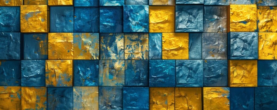 A building covered in blue and yellow mosaic tiles, with textured backgrounds, a digital art style, dark azure and bronze colors, and bright color blocks.