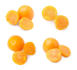 Ripe orange physalis fruits isolated on white, set
