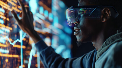 Obraz premium Shaping the Future of Work, African Woman Utilizes Transparent VR Headset for Virtual Diagrams