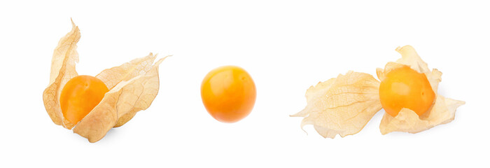 Ripe orange physalis fruits with calyx isolated on white, set