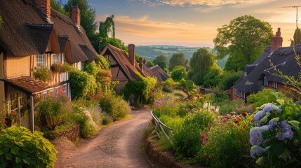 A picturesque lane meanders through an idyllic English village, lined with charming thatched cottages and vibrant, blooming gardens at sunset. Resplendent. - obrazy, fototapety, plakaty