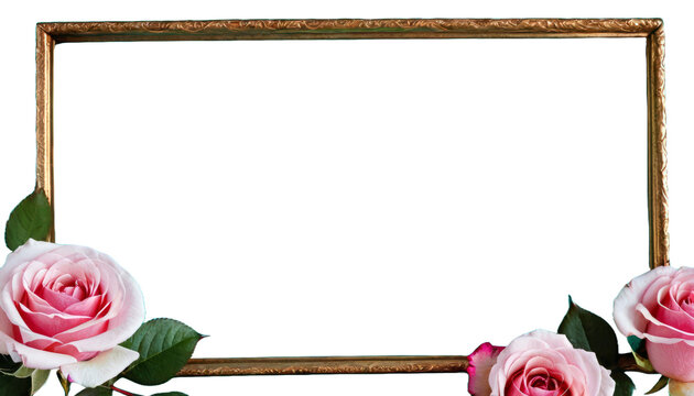 Romantic vintage grunge photo frame with beautiful pink roses on a transparent background. frame for invitation or congratulations. holiday card design. PNG, Copy space, flat lay, top view