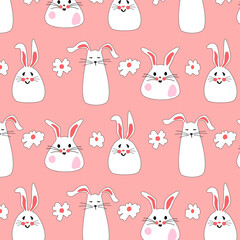 Seamless pattern with Easter bunnies and flowers on a pink background for kids products. Cute rabbits for baby clothes. Flat vector illustration for printing packaging, fabric and textiles.