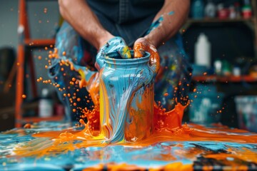 Artist pouring paint from a jerrycan, focus on the dynamic flow and contrast, studio lighting