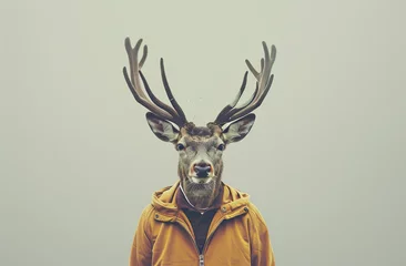 Foto op Plexiglas Photography A human size deer in a trendy vintage hipster Winter sweatshirt Abstract, minimal portrait © Sattawat