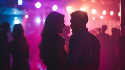 Stylish and beautiful young people dancing in nightclub, motion blur selective focus reportage photography style with flash. Sparkles and glimmers for glamour and excitement atmosphere.