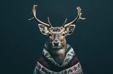 Zelfklevend Fotobehang Photography A human size deer in a trendy vintage hipster Winter sweatshirt Abstract, minimal portrait © Sattawat