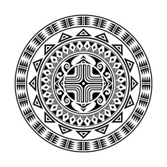 Round tattoo ornament with swastika maori style. African, aztecs or mayan ethnic style. Black and white.