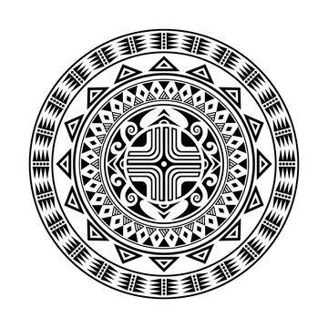 Round tattoo ornament with swastika maori style. African, aztecs or mayan ethnic style. Black and white.