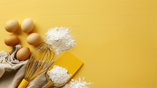 Type of baking background for baking, flour, eggs, whisk, cake spatula. Free space for test.