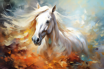 abstract artistic background with a white horse, in oil paint type design