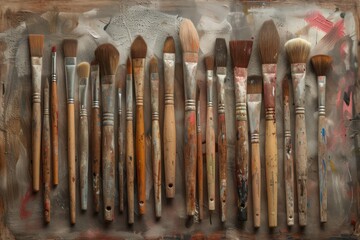 Colorful array of paintbrushes and paints on an artist's palette, vibrant and dynamic composition.