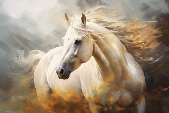 abstract artistic background with a white horse, in oil paint type design
