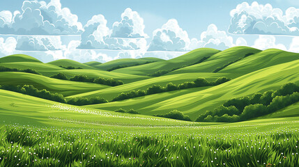 Vector sketch Green grass field on small hills. Meadow, alkali, lye, grassland, pommel, lea, pasturage, farm. Rural scenery landscape panorama of countryside pastures. illustration. - obrazy, fototapety, plakaty