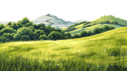 Vector sketch Green grass field on small hills. Meadow, alkali, lye, grassland, pommel, lea, pasturage, farm. Rural scenery landscape panorama of countryside pastures. illustration. - obrazy, fototapety, plakaty