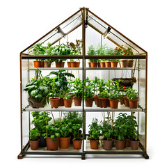 Fototapeta na wymiar A sunlit greenhouse filled with an array of plants, herbs, and flowers in terracotta pots isolated on white background, professional photography, png 