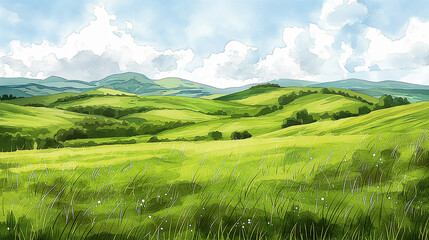 Vector sketch Green grass field on small hills. Meadow, alkali, lye, grassland, pommel, lea, pasturage, farm. Rural scenery landscape panorama of countryside pastures. illustration.