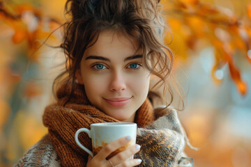 Young, attractive woman by herself. A sentimental portrait in an autumnal setting. Girl with a cup of hot beverage, gazing away. - obrazy, fototapety, plakaty