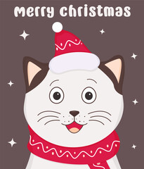 Cute Christmas greeting card with cat and santa hat. Vector illustration
