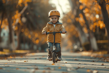 young child riding a scooter.
