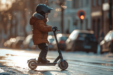young child riding a scooter.