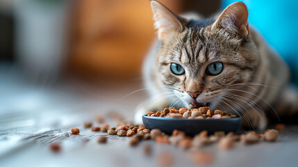 Cat eating pet food. Domestic cat