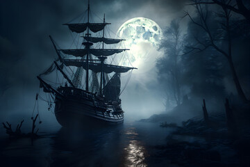 A spectral pirate ship sails amidst the eerie silence on a fog-covered lake reflecting the full moon, its undead crew preparing for a spectral Halloween treasure hunt