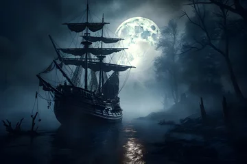 Foto op Plexiglas A spectral pirate ship sails amidst the eerie silence on a fog-covered lake reflecting the full moon, its undead crew preparing for a spectral Halloween treasure hunt © Rina Mskaya