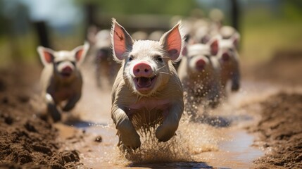 Muddy piglets running - obrazy, fototapety, plakaty