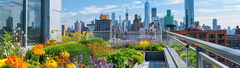 Foto auf Acrylglas Urban gardening seminar, rooftop greening tips, Earth Day focus, city skyline view © TheFlyingWeed