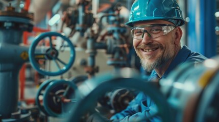 A smiling worker in an industrial valve factory, exuding safety and control. Factory mechanisms, precision tools, pipes and levers on the background.
 - obrazy, fototapety, plakaty