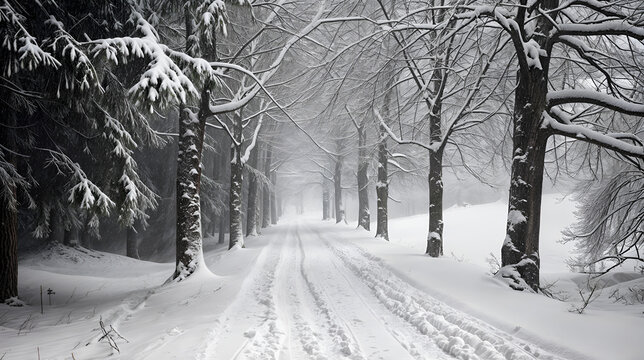 A snowy road surrounded by trees covered in snow