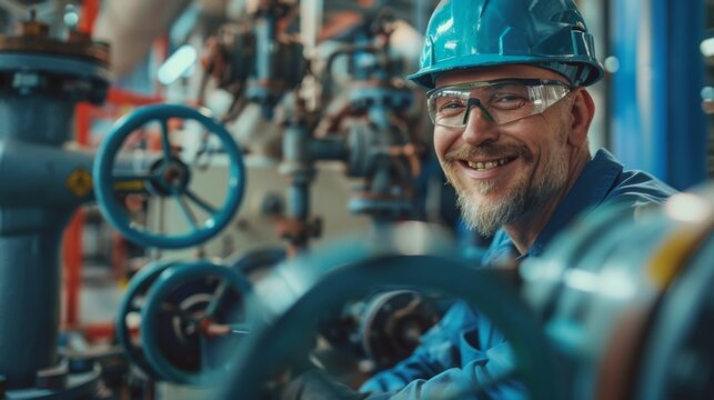 A smiling worker in an industrial valve factory, exuding safety and control. Factory mechanisms, precision tools, pipes and levers on the background.
