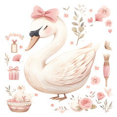Baby shower kid swan watercolor girl design elements. Set of baby pink birthday illustration. Newborn party invitation