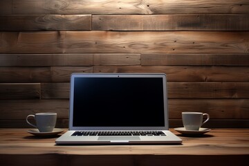 Fototapeta premium Laptop on a wooden table with two cups of coffee