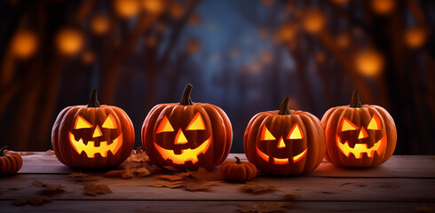 A spooky forest sunset with a haunted evil glowing eyes of Jack O' Lanterns on the left of a wooden bench on a scary halloween night