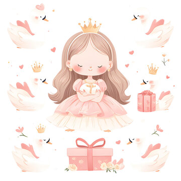 Watercolor pink Princess swan crown peony isolated clipart bow feather mirror cloud star