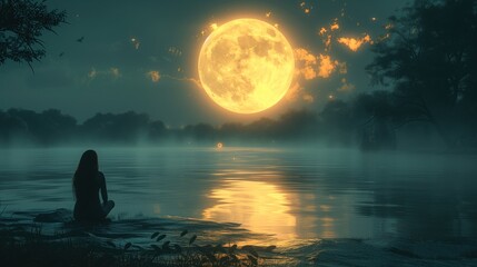 woman on the lake shore night landscape