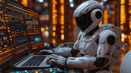 humanoid robot working on a computer
