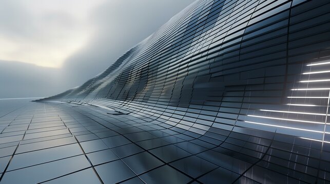 Bauhaus sound wave facade with cymatics vibrations, soft lighting, thick fog. Ultra-detailed hyper-realistic architectural render