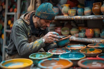 Artisan applying vibrant coatings on handmade pottery, capturing the meticulous process and vivid colors