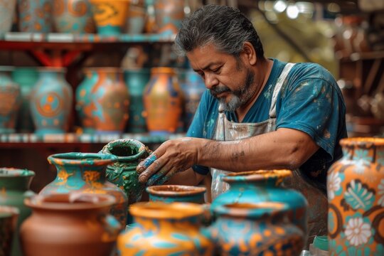Artisan applying vibrant coatings on handmade pottery, capturing the meticulous process and vivid colors