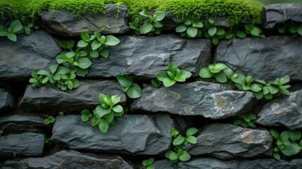 wet stones with green moss natural background