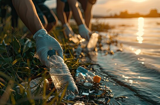"Community Cleanup Effort: Volunteers Collecting Trash at Sunset"