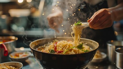 A chef meticulously garnishes a hot, steamy dish of stir-fry noodles and vegetables, showcasing the art of Asian cuisine.