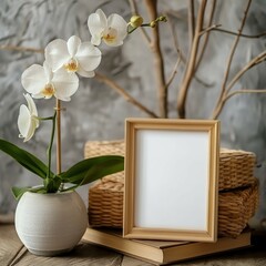 Frame wooden mockup design, orchid flower pot and book. Home interior, close-up, 3D rendering