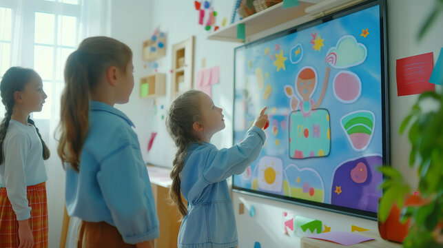 A teacher leading children through the school's interactive digital lesson, a smart board displaying colourful educational content, a bright classroom full of technology, an engaging learning environm