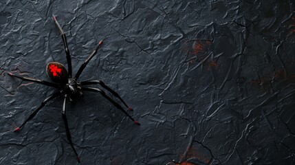 Red widow spider on a black background. Dangerous insect. - obrazy, fototapety, plakaty